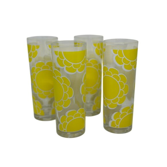 VTG 70s Colony Flower Highball Glasses – Set of 4, 7" Retro Sunflower Tumblers - Picture 1 of 7